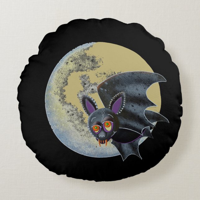 Almofada Redonda Morcego da Lua Cheia de Halloween Bêbado Divertido (Frente)