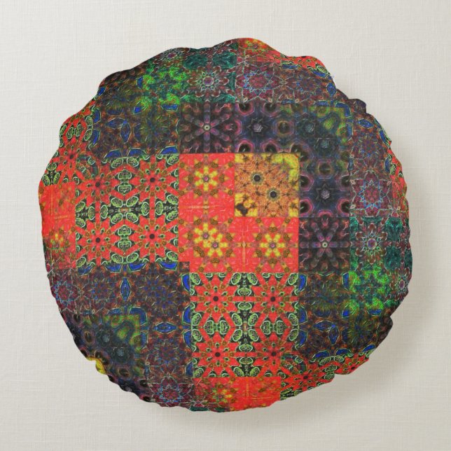 Almofada Redonda Mosaico caleidoscópio verde e coral envelhecido (Verso)
