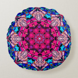 Almofada Redonda Mosaico Rosa Mandala Floral Psicélico Retro