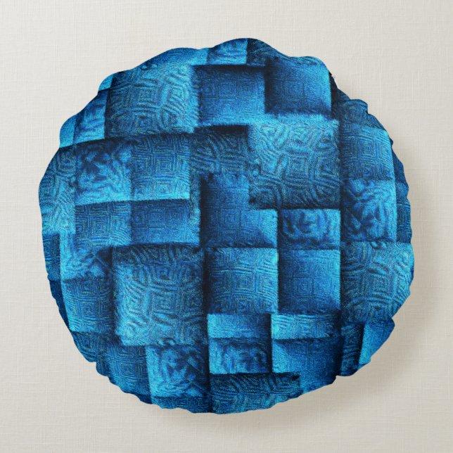 Almofada Redonda Mostra quadrados azuis com desenhos tribais abstra (Verso)