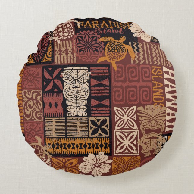 Almofada Redonda Motif tecido patchwork ao estilo havaiano, estilo  (Frente)