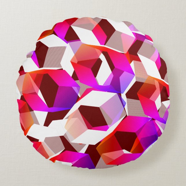 Almofada Redonda Muitos hexágonos coloridos, sobre fundo vermelho e (Frente)