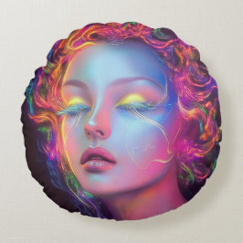 Almofada Redonda Mulher alienígena com cabelo cósmico