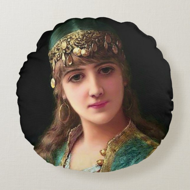 Almofada Redonda Mulher cigana vitoriana elegante boho bellydancer (Frente)