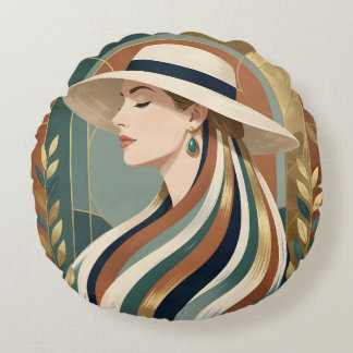 Almofada Redonda Mulher com chapéu de sol art déco