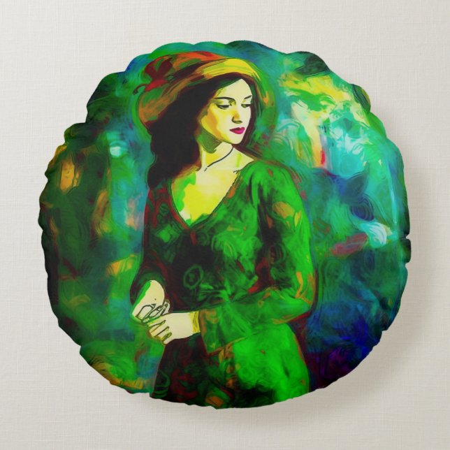 Almofada Redonda Mulher em Chapéu (Frente)