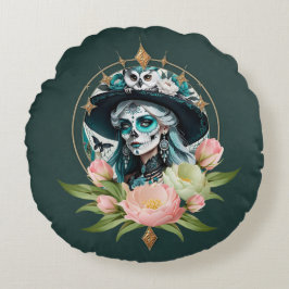 Almofada Redonda Mulher espantosa com uma espantosa maquiagem do cr