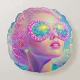 Almofada Redonda Mulher Neon Glamorosa com Óculos Espumantes