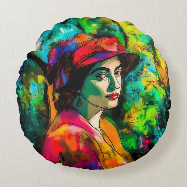 Almofada Redonda Mulher no Chapéu Vermelho (Frente)