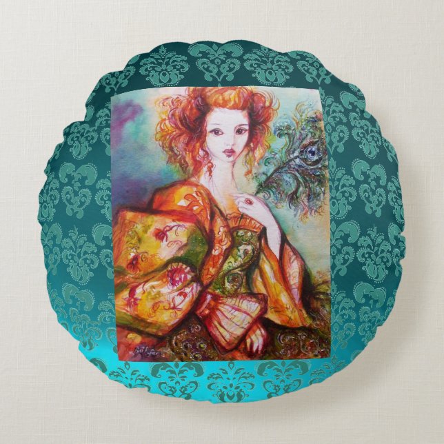 ALMOFADA REDONDA MULHER ROMÂNTICA COM PEACOCK PENA ESPUMANTE (Frente)