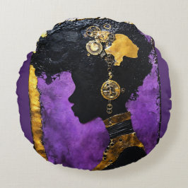 Almofada Redonda Mulher Steampunk Afrofuturista em Roxo
