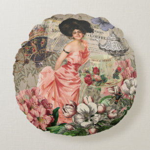 Almofada Redonda Mulher Victoriana Café Clássica Rosa