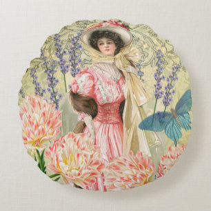 Almofada Redonda Mulher Vitoriana Floral Rosa Regência