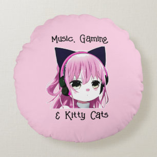 Almofada Redonda Música, Jogos e Gatinhos   Menina de anime