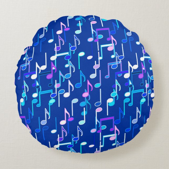 Almofada Redonda Musical Notes impressão - indigo azul, multi (Frente)