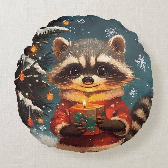 Almofada Redonda Músicas de natal da neve raccoon (Frente)