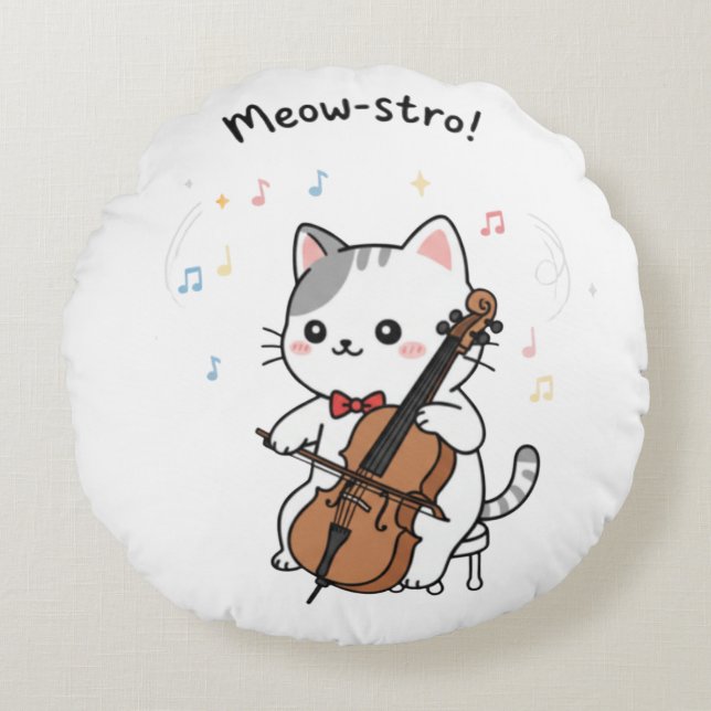 Almofada Redonda Músico de Violoncelo Fofo Gato  (Frente)