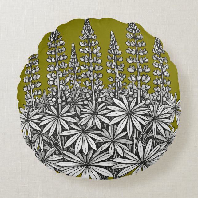 Almofada Redonda  Mustard Yellow Botanical Lupine Round Pillow (Frente)