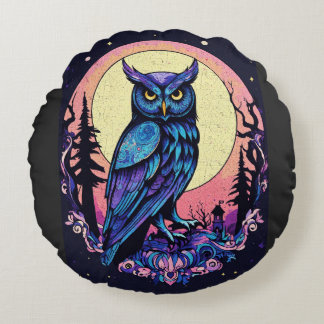 Almofada Redonda Mystic Moon Owl Encantando Estilo Nocturno