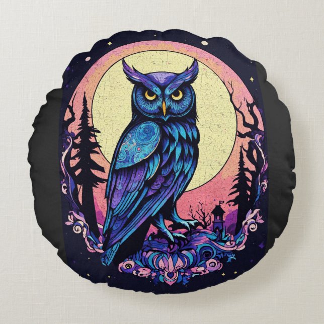 Almofada Redonda Mystic Moon Owl Encantando Estilo Nocturno (Frente)