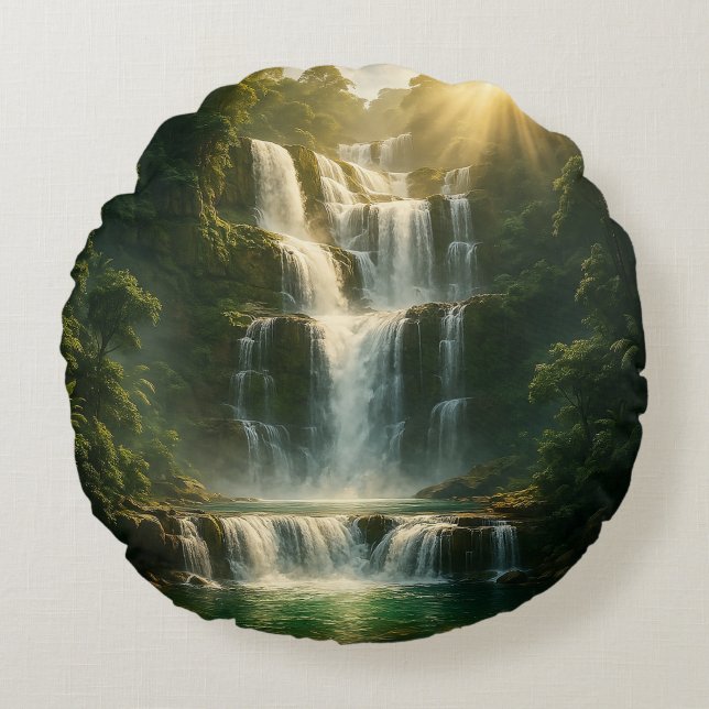 Almofada Redonda Mystical Forest Waterfall Nature Round Pillow (Frente)