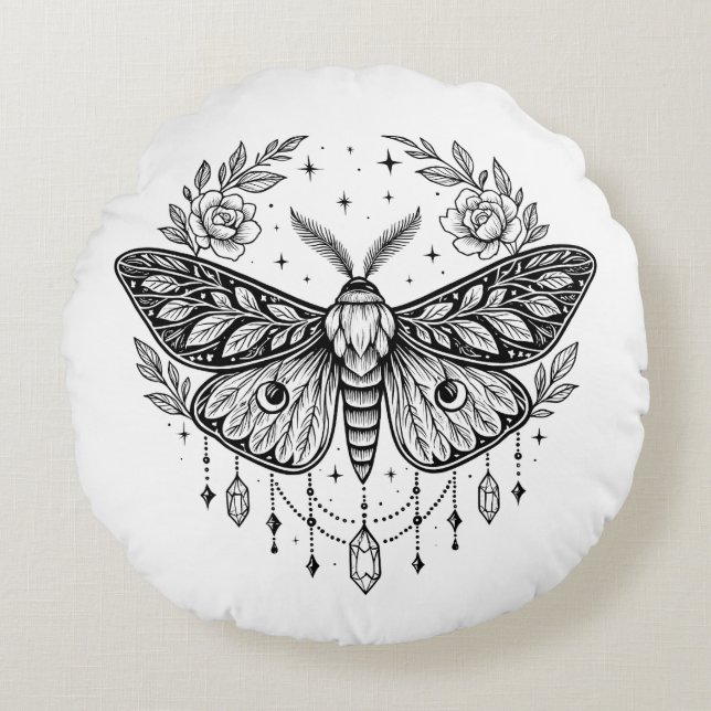 Almofada Redonda Mystical Gothic Moth Botanical Celestial Line Art  (Frente)