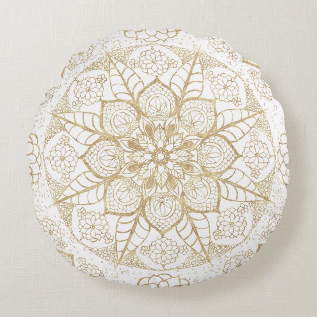 Almofada Redonda Na moda Boho White Dourado Mandala Floral (Frente)