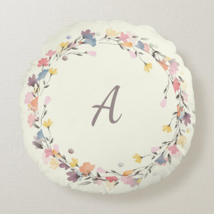 Almofada Redonda Na moda Pastel Floral Wreath Monograma Personaliza