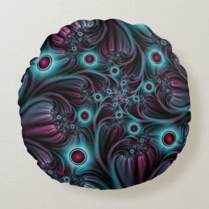 Almofada Redonda Na Profundidade da Arte Fractal Abstrato Azul Cor-