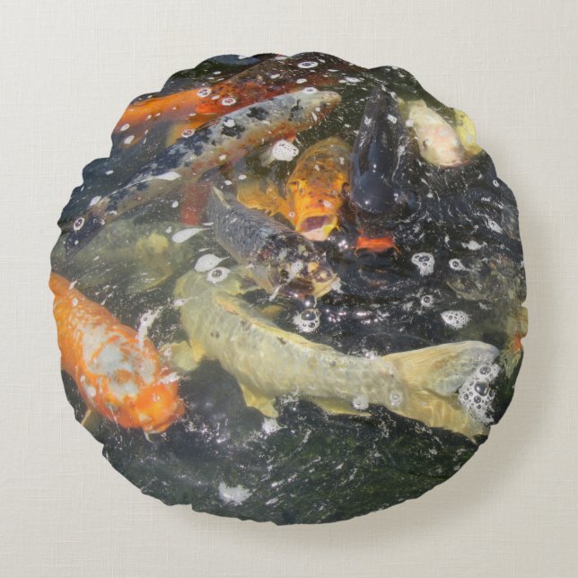 Almofada Redonda Nadação de Peixes Koi Japoneses (Frente)