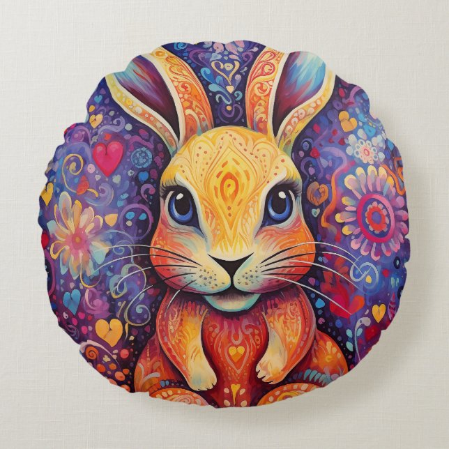 Almofada Redonda Namorados Coelhinho Flores corações roxas (Frente)