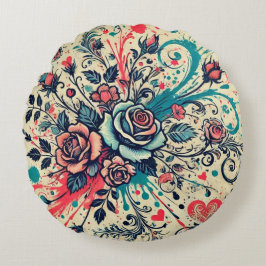 Almofada Redonda Namorados Rosas / Rosa & Teal / Arte Splatter