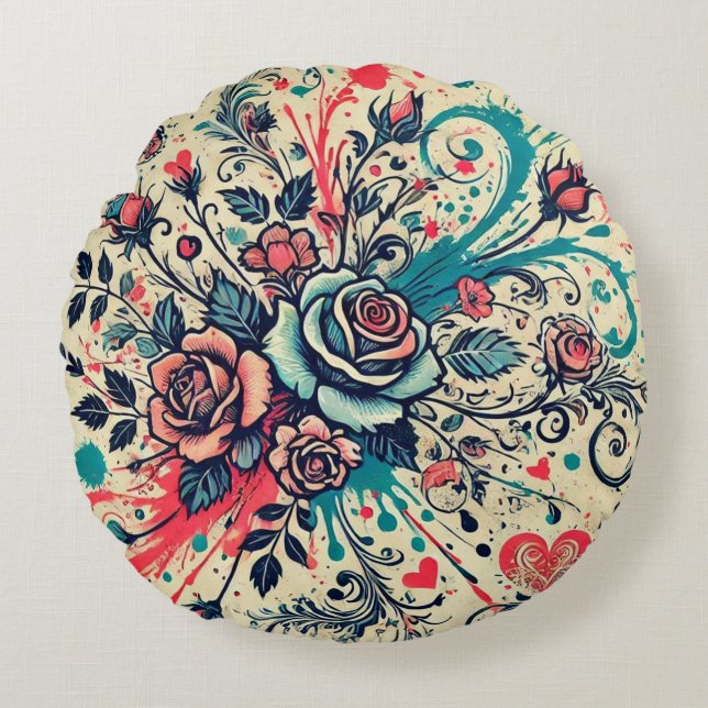 Almofada Redonda Namorados Rosas / Rosa & Teal / Arte Splatter (Frente)