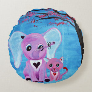 Almofada Redonda Não Me Esqueça Elefante Gato Flor de Cerejeira Art