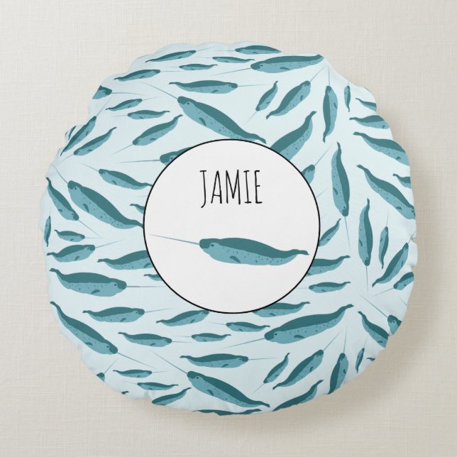 Almofada Redonda Narwhal no Padrão do Oceano Azul (Frente)