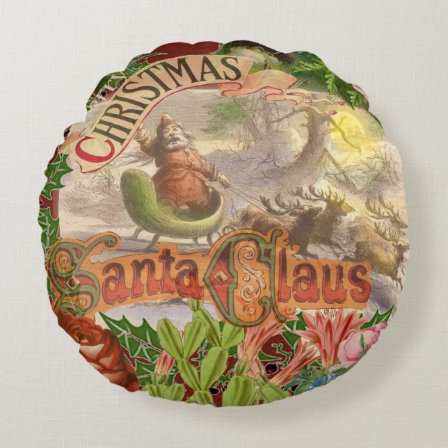 Almofada Redonda Natais vintages Santa Claus Sleigh (Frente)