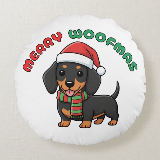 Almofada Redonda Natal Black Dachshund: Feliz Woofmas (Frente)