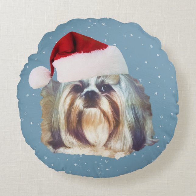 Almofada Redonda Natal, cão de Shih Tzu, chapéu do papai noel (Frente)