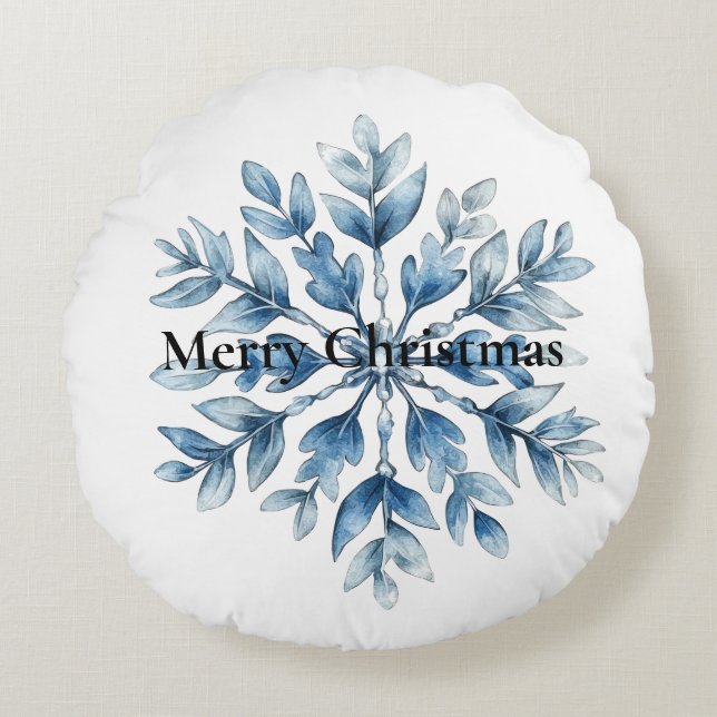 Almofada Redonda Natal com Floco de Neve Branco Azul (Frente)