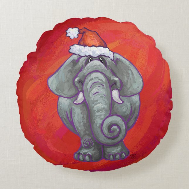 Almofada Redonda Natal De Elefante Em Vermelho (Frente)