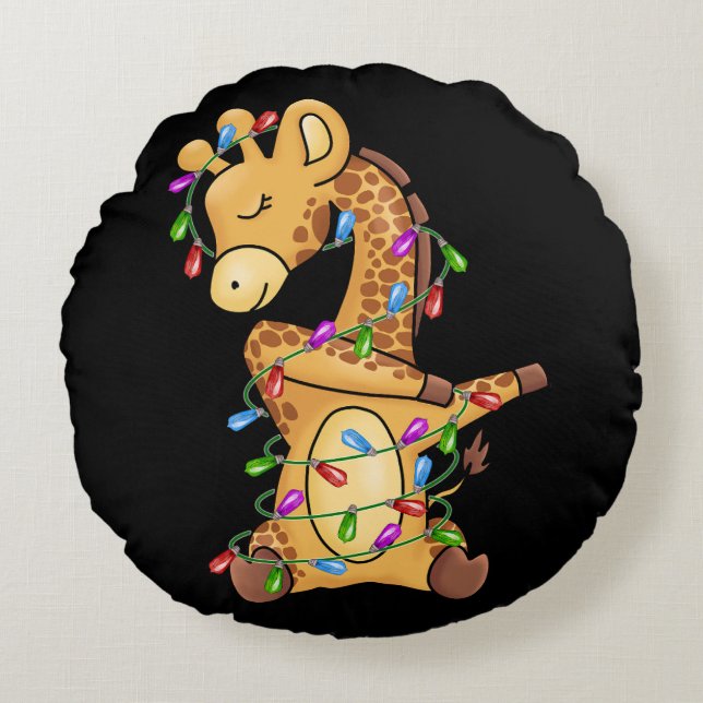 Almofada Redonda Natal do Xmas Gift Dabbing Giraffe (Frente)