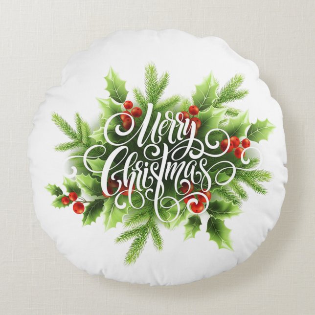 Almofada Redonda Natal Holly Merry (Frente)