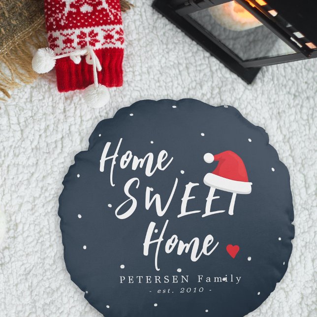 Almofada Redonda Natal lar doce lar chapéu do Papai Noel sobrenome  (Criador carregado)