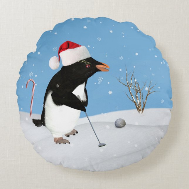 Almofada Redonda Natal, pinguim que joga o golfe (Frente)