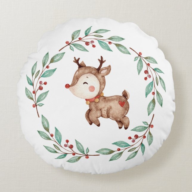 Almofada Redonda Natal Reindeer Holiday Wreath (Frente)