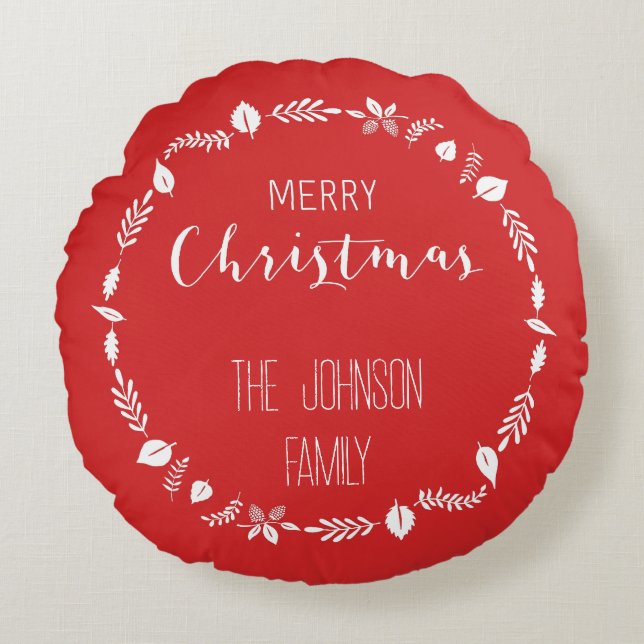 Almofada Redonda Natal Vermelho com Decoração de Folhas Brancas (Frente)