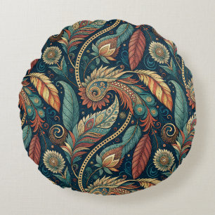 Almofada Redonda Native American Feather Swirl Terra Cotta Teal
