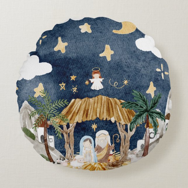Almofada Redonda Natividade Natal Cristã de Aquarela (Frente)