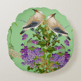 Almofada Redonda Nature Greenery Watercolor Floral Bird Lilac Bloom