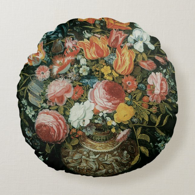 Almofada Redonda Natureza-Morta Barroca Antiga Flores em um Vaso (Frente)